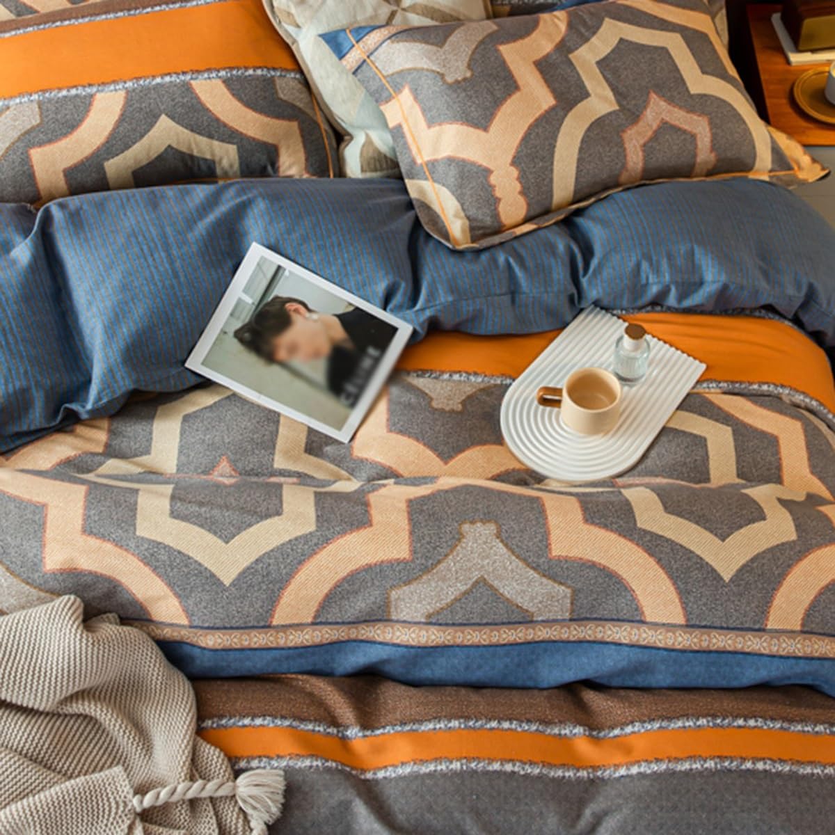 Amazon｜ブルーコットン布団カバーセット、ストライプ寝具4点セット